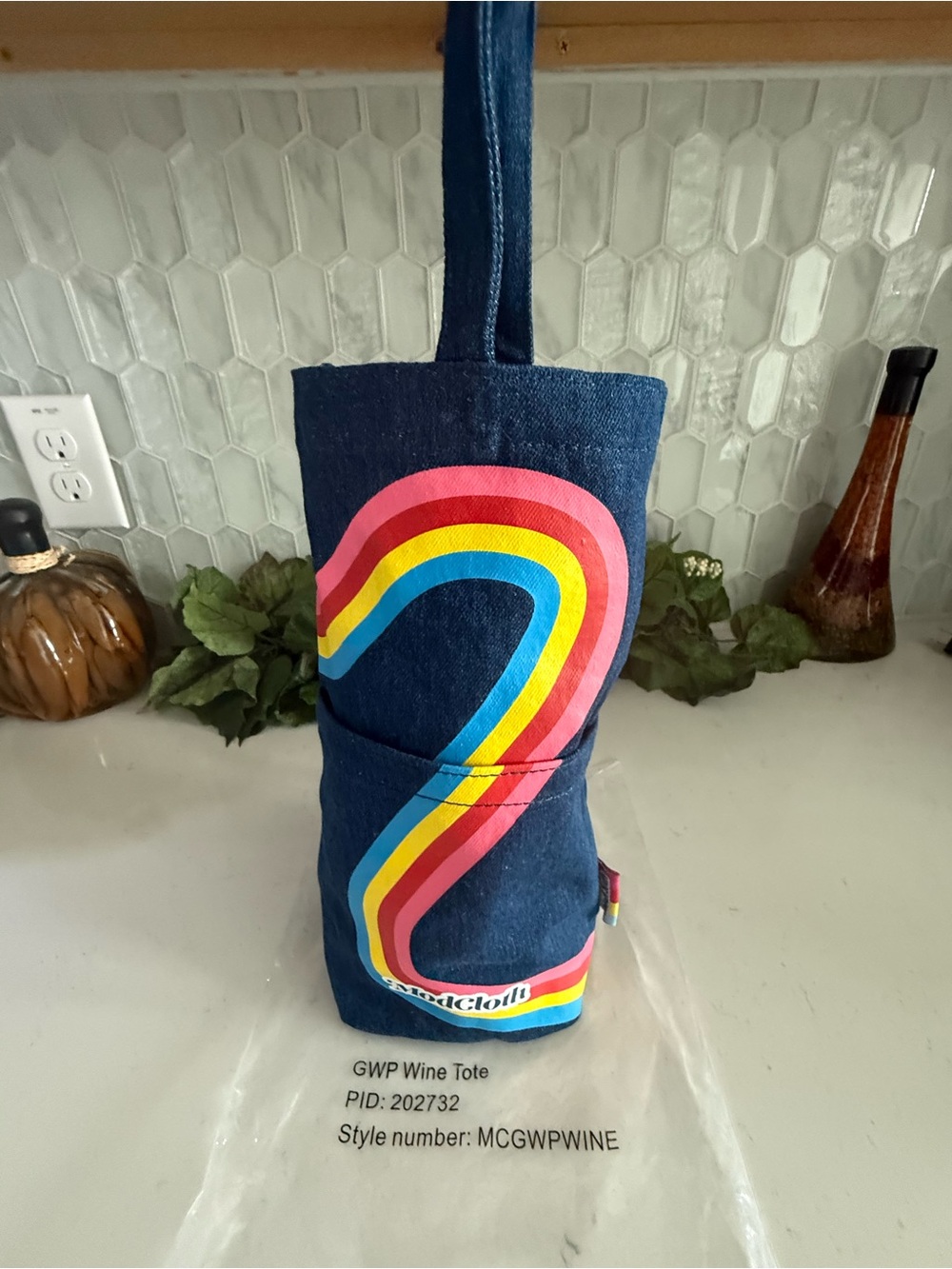 ModCloth Denim Wine Tote With Retro Rainbow Design